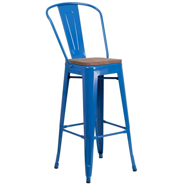 Blue Metal Barstool with Back and Wood Seat, 30