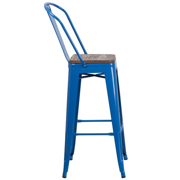 Blue Metal Barstool with Back and Wood Seat, 30