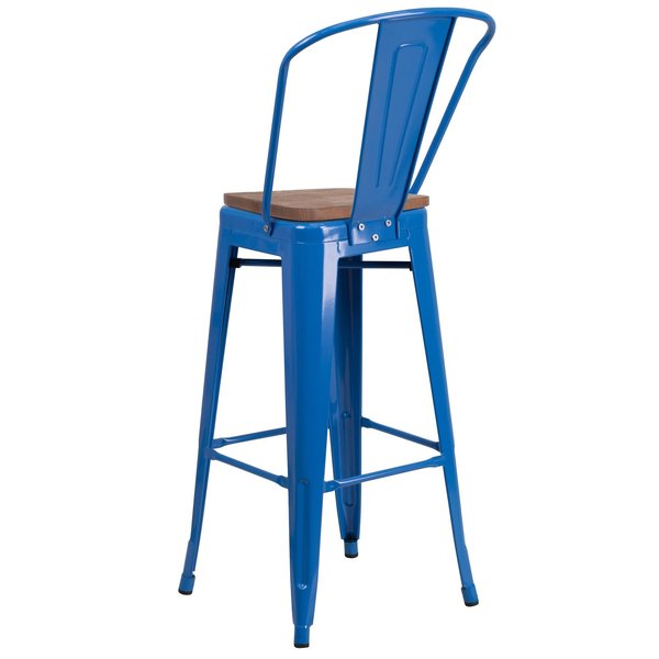 Blue Metal Barstool with Back and Wood Seat, 30