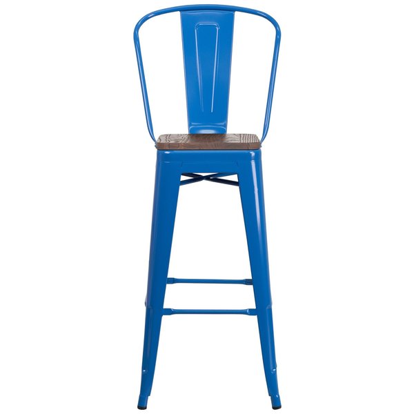 Blue Metal Barstool with Back and Wood Seat, 30