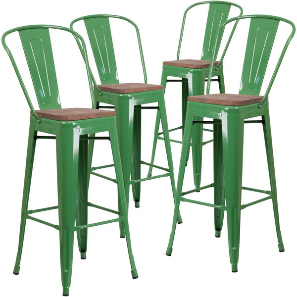Green Metal Barstool with Back and Wood Seat, 30