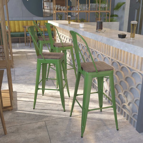 Green Metal Barstool with Back and Wood Seat, 30