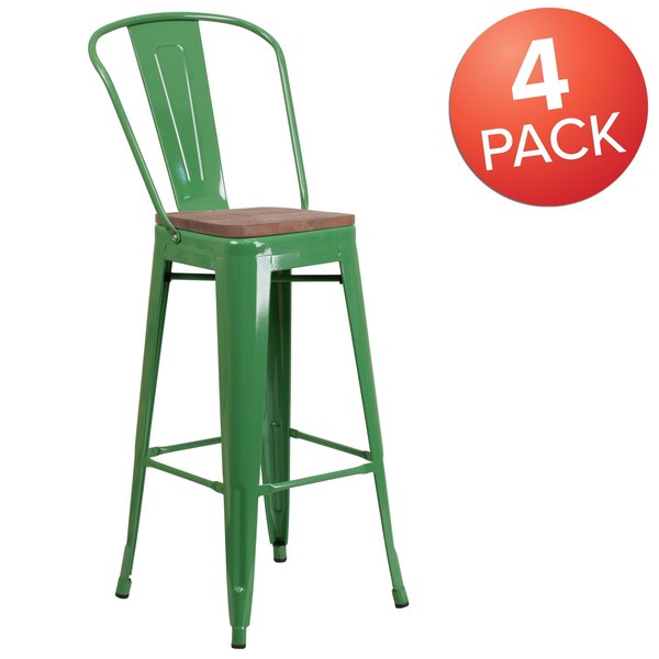 Green Metal Barstool with Back and Wood Seat, 30