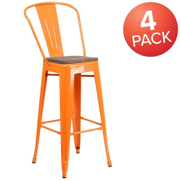 Orange Metal Barstool with Back and Wood Seat, 30