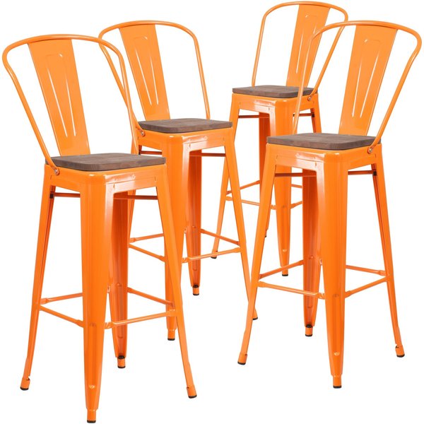 Orange Metal Barstool with Back and Wood Seat, 30