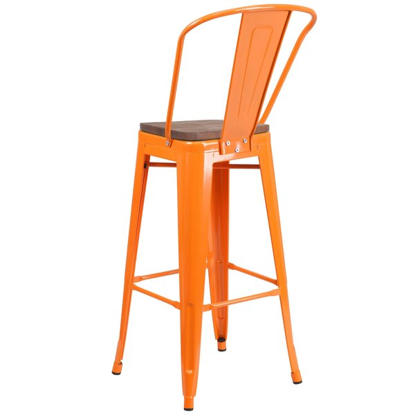 Orange Metal Barstool with Back and Wood Seat, 30