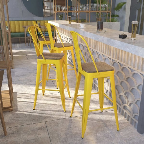 Yellow Metal Barstool with Back and Wood Seat, 30