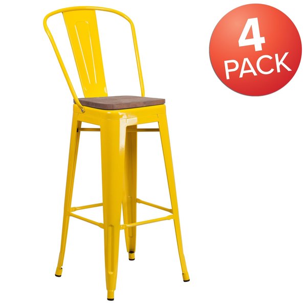 Yellow Metal Barstool with Back and Wood Seat, 30