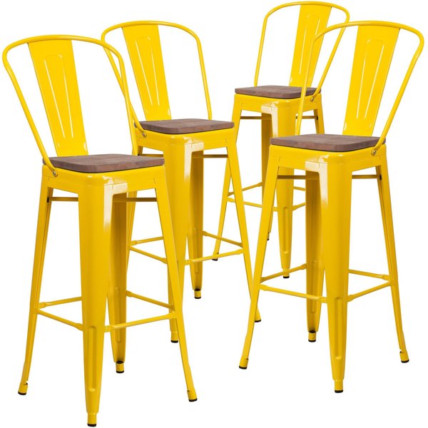 Yellow Metal Barstool with Back and Wood Seat, 30