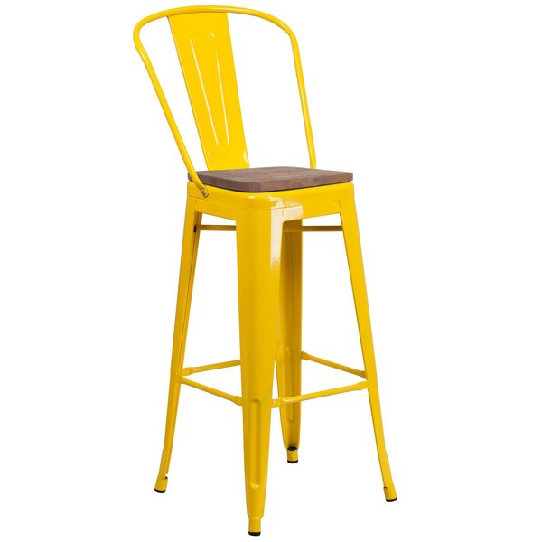 Yellow Metal Barstool with Back and Wood Seat, 30