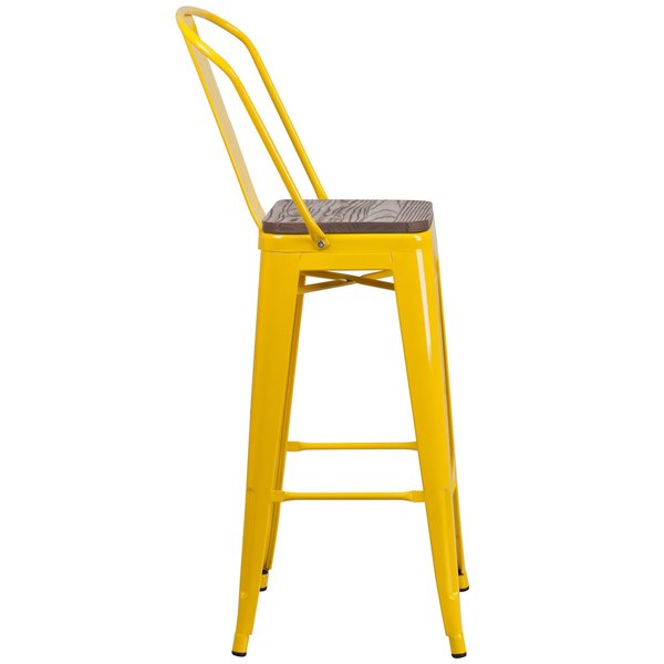 Yellow Metal Barstool with Back and Wood Seat, 30