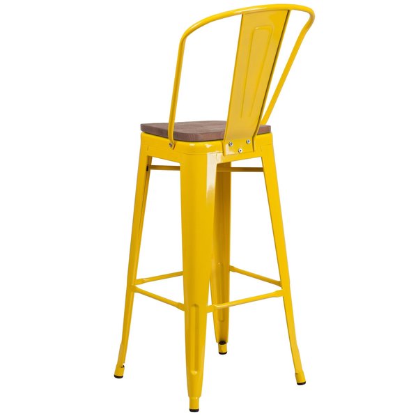 Yellow Metal Barstool with Back and Wood Seat, 30
