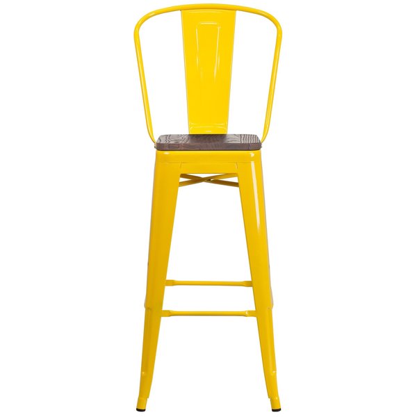 Yellow Metal Barstool with Back and Wood Seat, 30