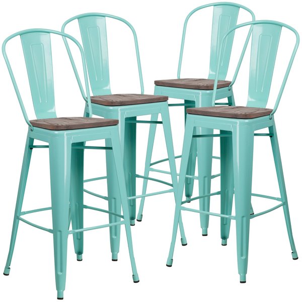 Mint Green Metal Barstool with Back and Wood Seat, 30