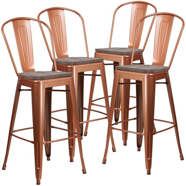 Copper Metal Barstool with Back and Wood Seat, 30