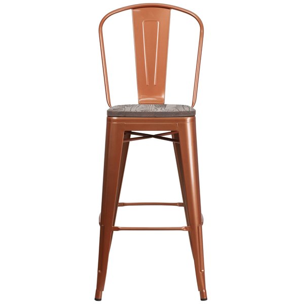 Copper Metal Barstool with Back and Wood Seat, 30