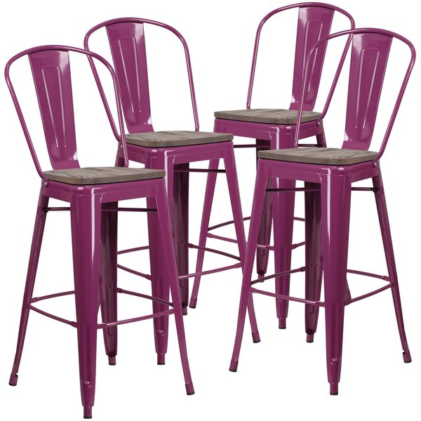 Purple Metal Barstool with Back and Wood Seat, 30