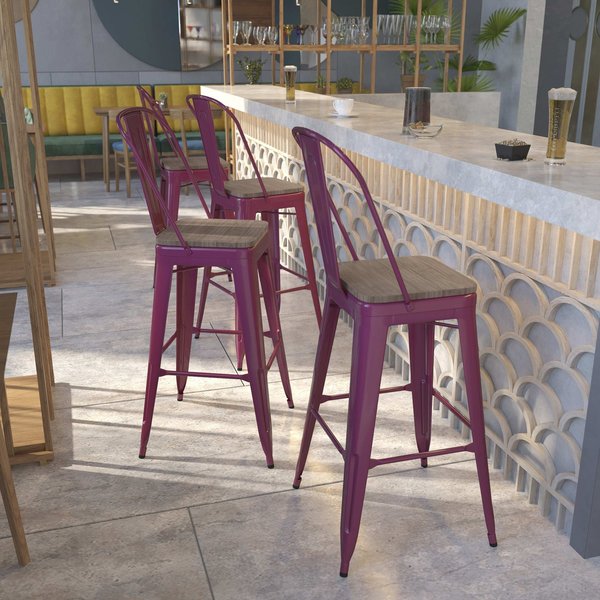 Purple Metal Barstool with Back and Wood Seat, 30