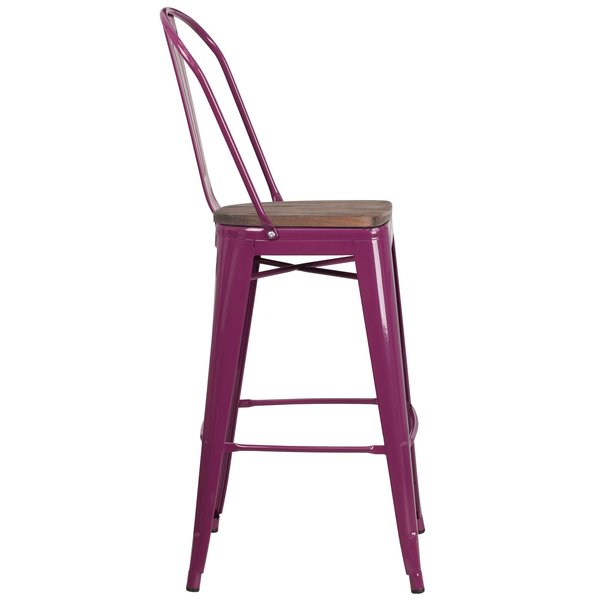 Purple Metal Barstool with Back and Wood Seat, 30