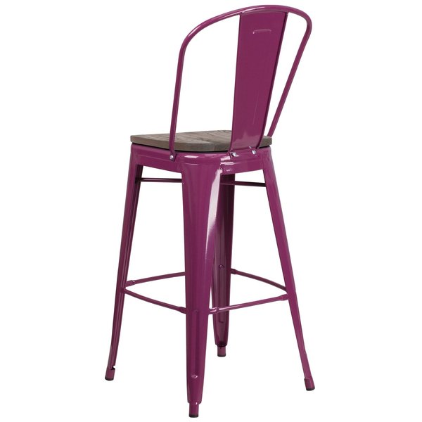 Purple Metal Barstool with Back and Wood Seat, 30
