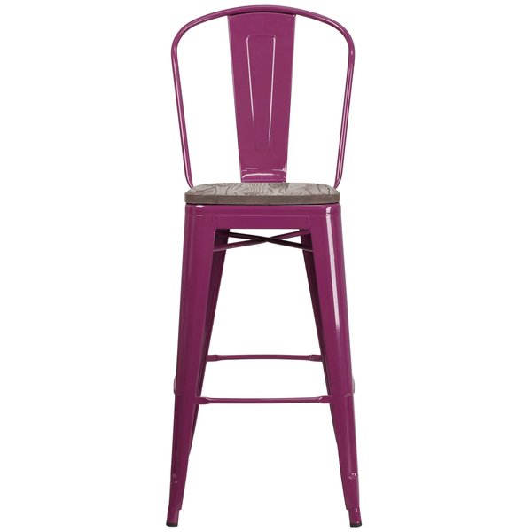 Purple Metal Barstool with Back and Wood Seat, 30