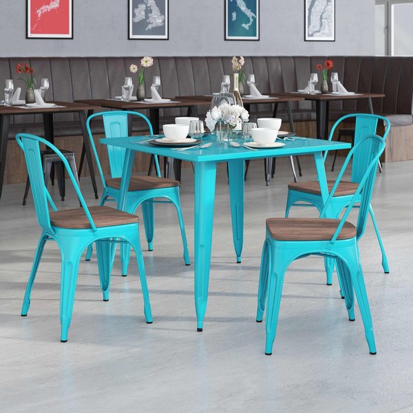 Crystal Teal-Blue Metal Stackable Chair with Wood Seat