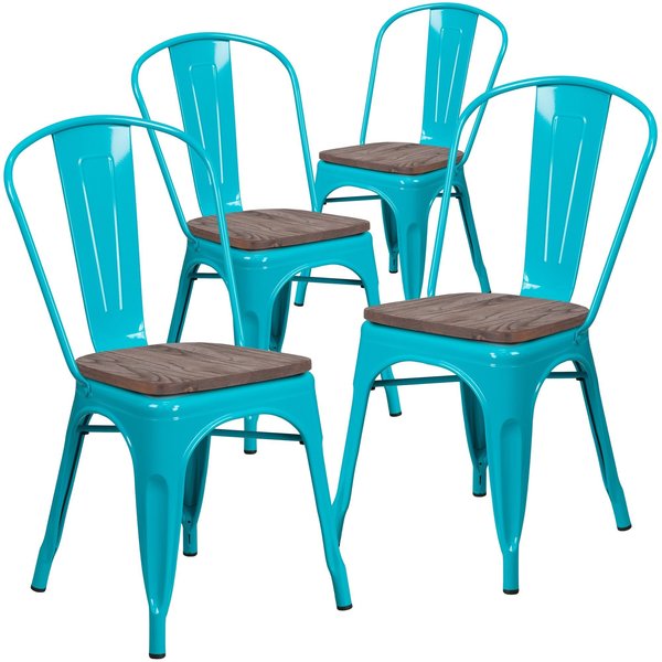 Crystal Teal-Blue Metal Stackable Chair with Wood Seat