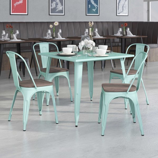 Mint Green Metal Stackable Chair with Wood Seat