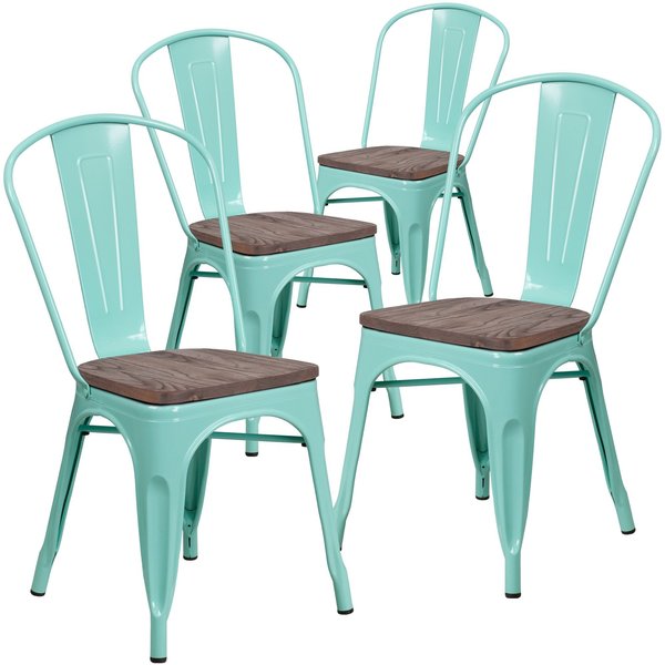 Mint Green Metal Stackable Chair with Wood Seat