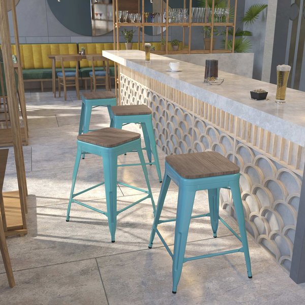 Teal No Back Metal Stool, 24