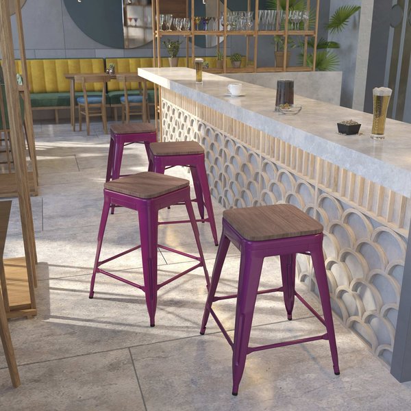 Purple No Back Metal Stool, 24