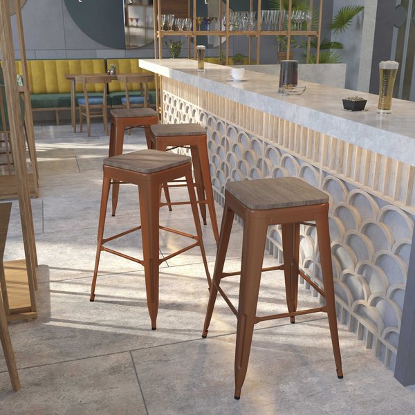 Backless Copper Barstool with Square Wood Seat, 30