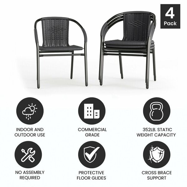 Lila 4 Pack Gray Rattan Indoor-Outdoor Restaurant Stack Chair