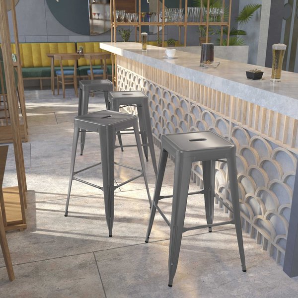 30'' High Backless Clear Coated Metal Indoor Barstool, Square Seat, PK4