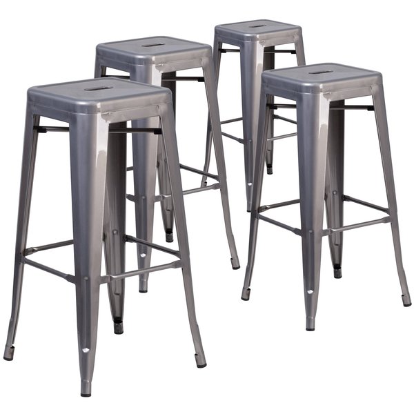 30'' High Backless Clear Coated Metal Indoor Barstool, Square Seat, PK4
