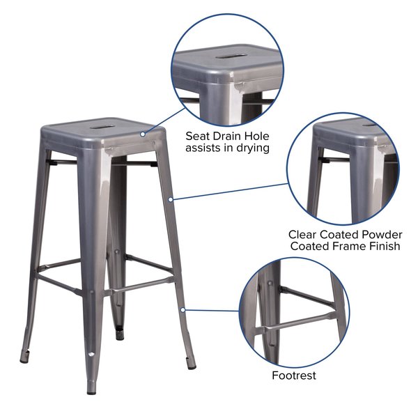 30'' High Backless Clear Coated Metal Indoor Barstool, Square Seat, PK4