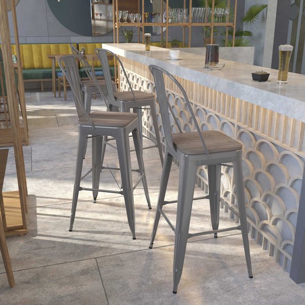 Clear Coated Indoor Barstool with Back, 30