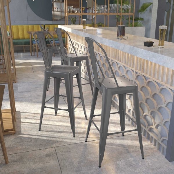 Clear Coated Barstool with Back and Wood Seat, 30