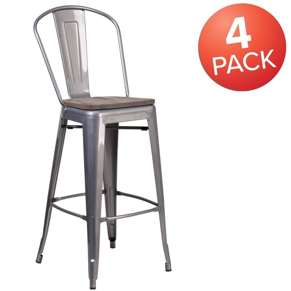 Clear Coated Barstool with Back and Wood Seat, 30