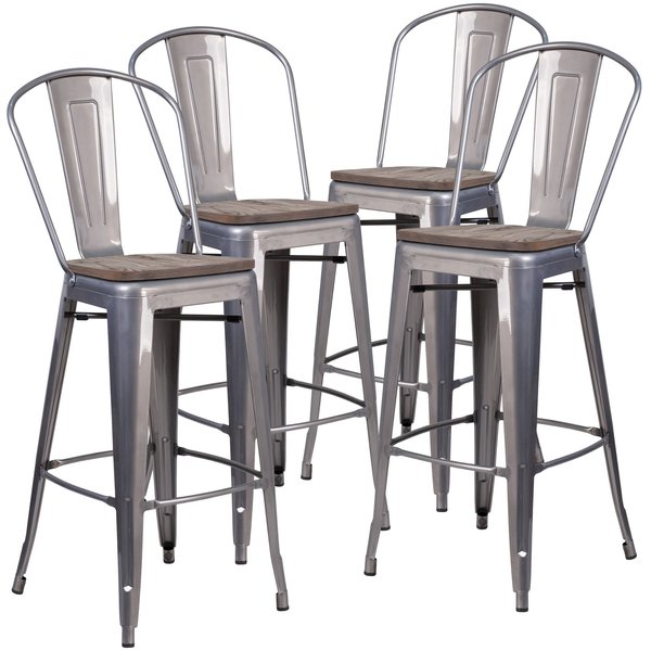 Clear Coated Barstool with Back and Wood Seat, 30