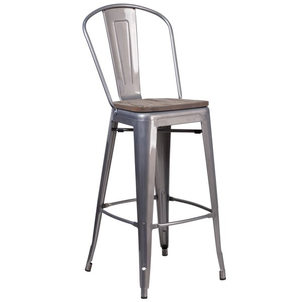 Clear Coated Barstool with Back and Wood Seat, 30