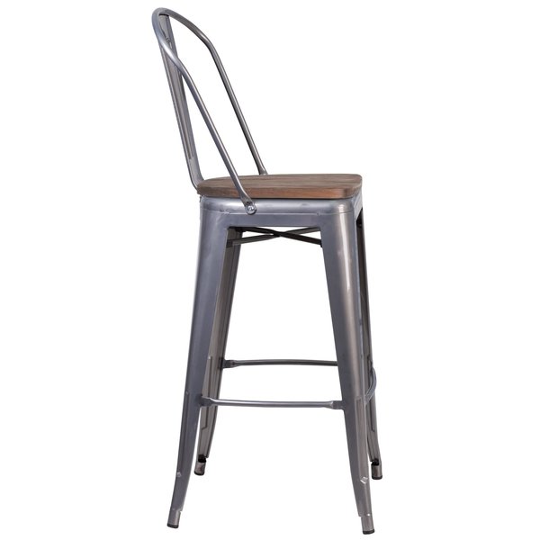 Clear Coated Barstool with Back and Wood Seat, 30