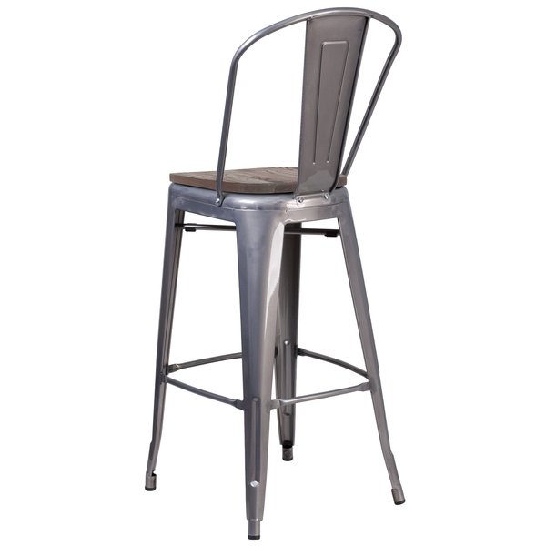 Clear Coated Barstool with Back and Wood Seat, 30