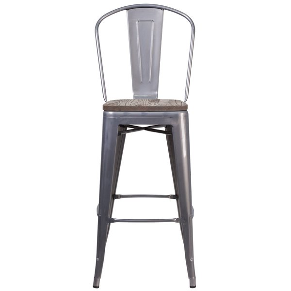 Clear Coated Barstool with Back and Wood Seat, 30