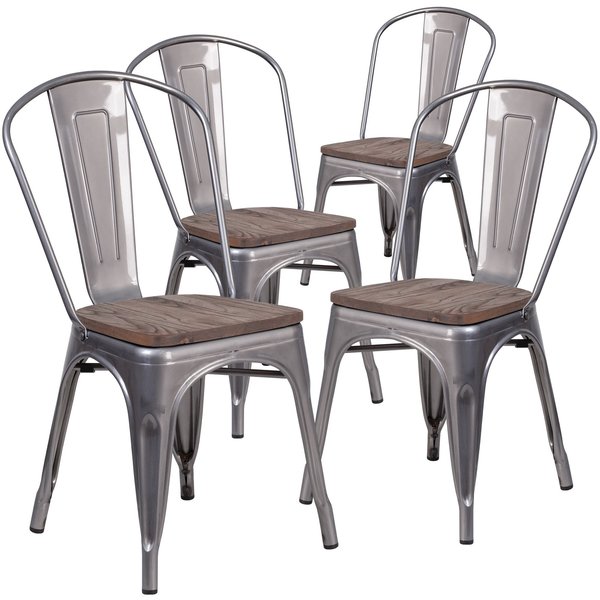 Clear Coated Metal Stackable Chair with Wood Seat