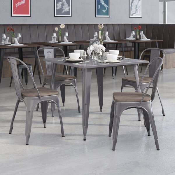 Clear Coated Metal Stackable Chair with Wood Seat