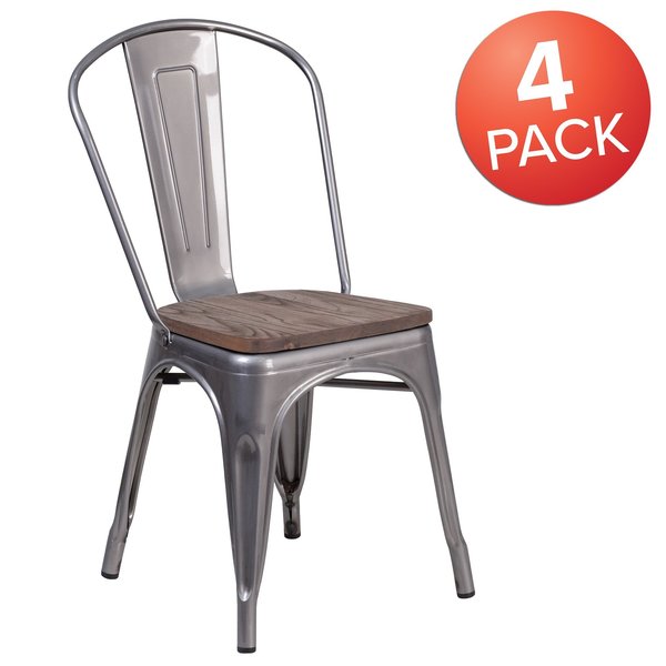 Clear Coated Metal Stackable Chair with Wood Seat