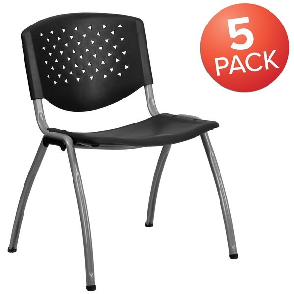 5 Pack HERCULES Series 880 lb. Capacity Black Plastic Stack Chair with Titanium Gray Powder Coated Frame