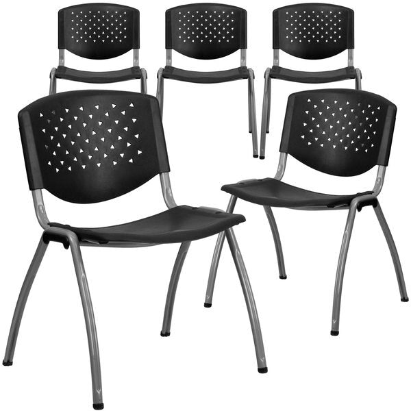 5 Pack HERCULES Series 880 lb. Capacity Black Plastic Stack Chair with Titanium Gray Powder Coated Frame
