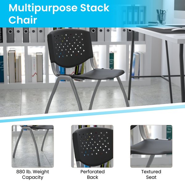 5 Pack HERCULES Series 880 lb. Capacity Black Plastic Stack Chair with Titanium Gray Powder Coated Frame
